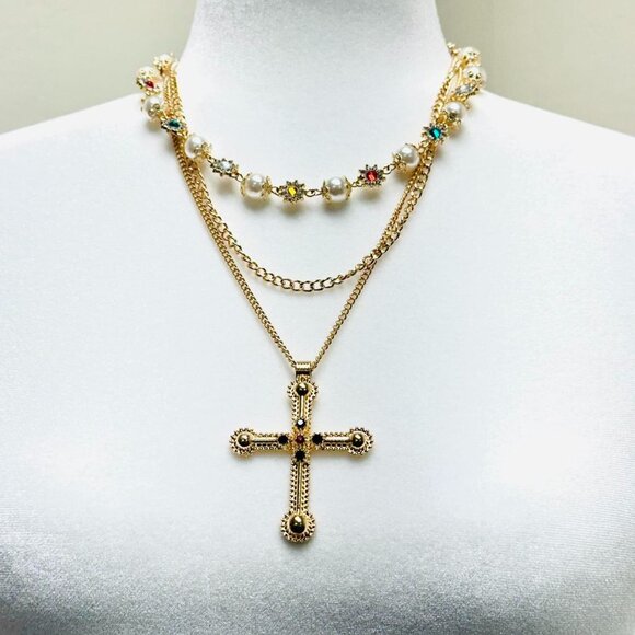 3 pcs set Gold layered cross necklace with multi-coloured pearls and beads - Picture 1 of 4